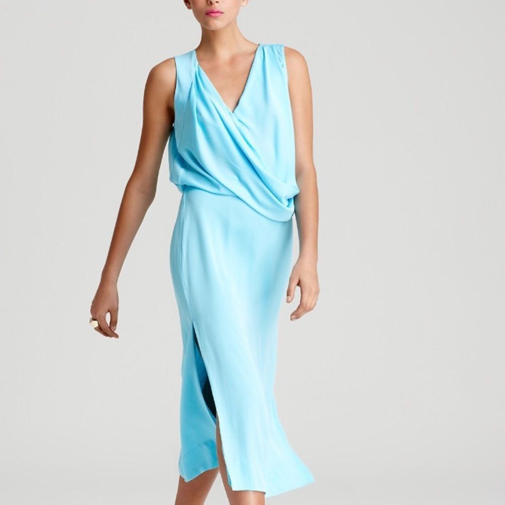 Diane von Furstenberg Stretch Silk Aquamarine Blue Midi Dress Size 6